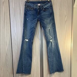 True Religion ‘Disco Joey’ Distressed Blue Flare Jeans ~ in Crystal Button ~ 28